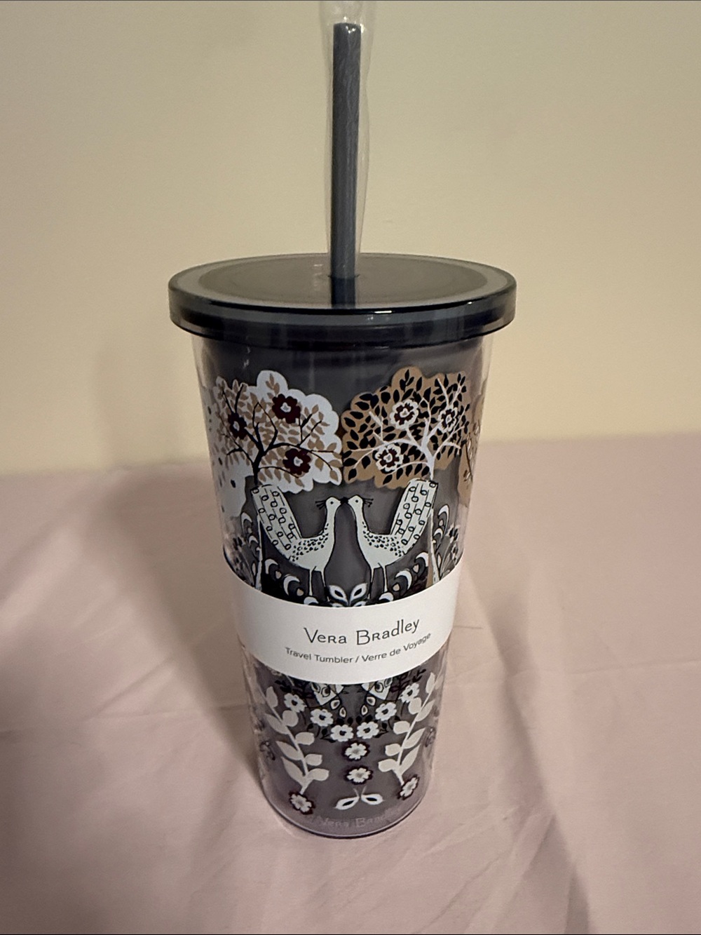 Vera Bradley Black and White Floral Bird Travel Tumbler with Straw